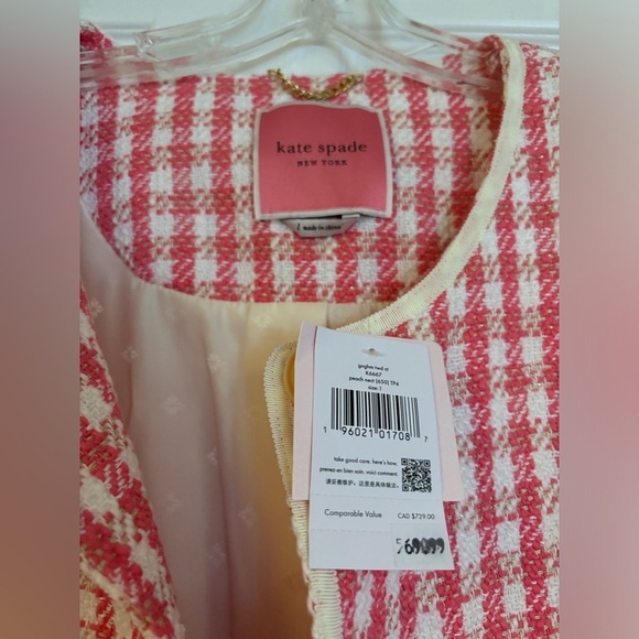 Kate Spade Gingham Tweed A-Line Button Front Collarless Coat Jacket - Picture 5 of 8